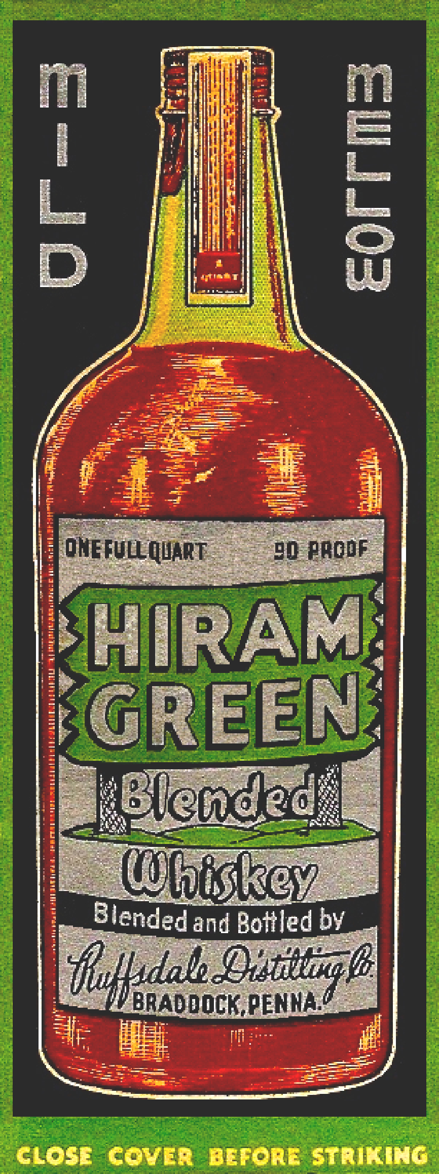 Hiram Green Beer Mild Mellow Braddock Pennsylvania Ruffsdale Distilling Matchbook