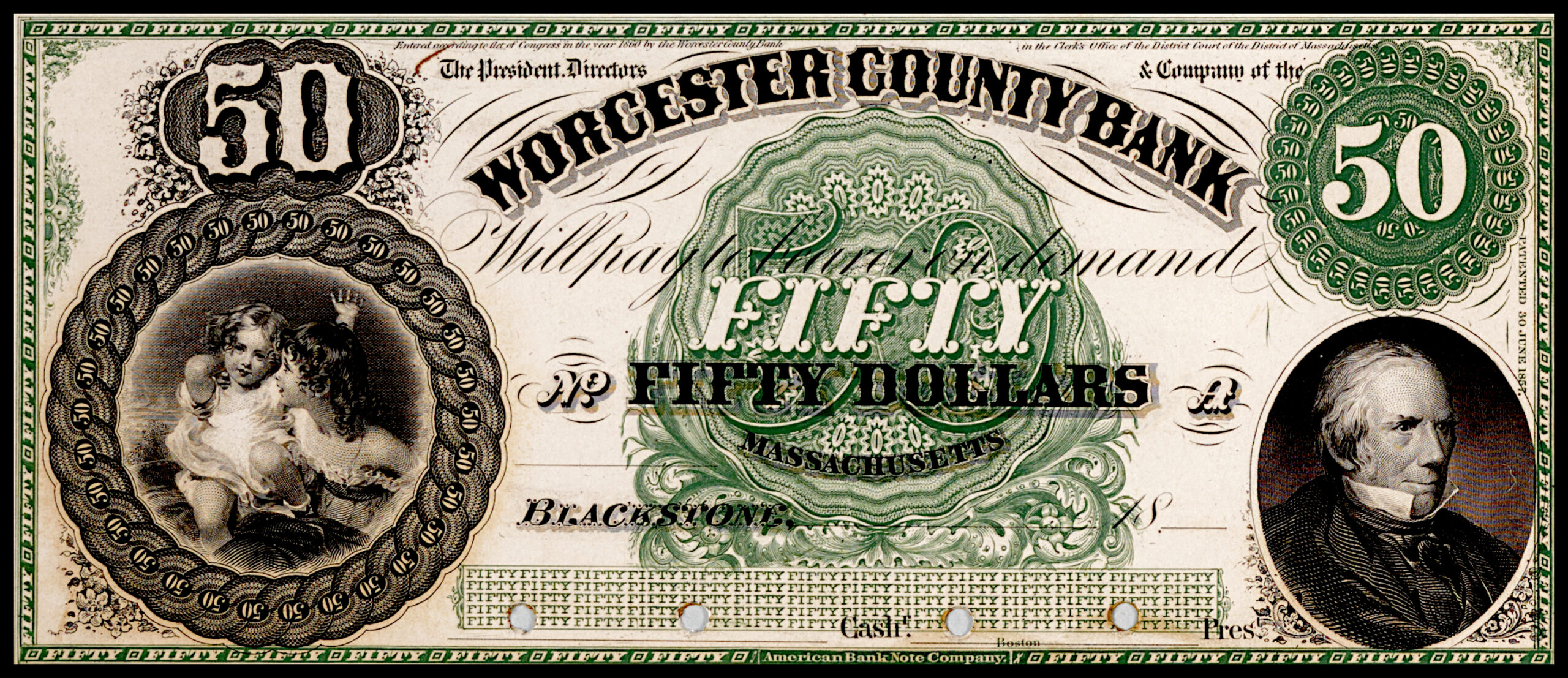 Worcester County Bank $50 Note w/Sample